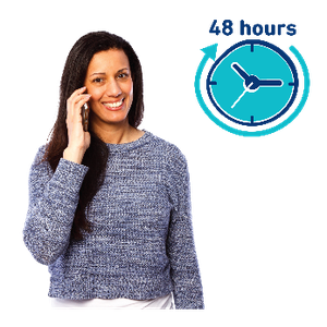 Woman talking on the phone. There is a clock with an arrow going around it and "48 hours".