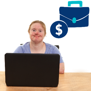 A woman sitting at a desk with a laptop in front of her. A dollar sign and a briefcase are next to her.