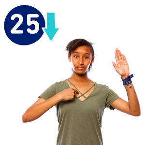 A woman is pointing at herself with her other hand raised. Next to her is the number 25 with an arrow pointing down.
