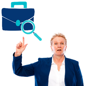 A woman is pointing at a briefcase with a search symbol in front of it.