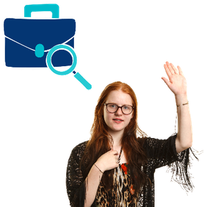 A woman is pointing toward herself with her other arm raised. Above her is a briefcase with a search symbol in front of it.