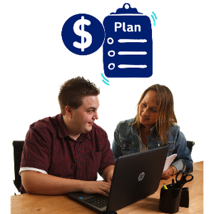 A man using a laptop. Next to him is his support worker. There is a dollar sign and a clipboard with the word plan above them.