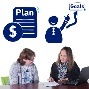 A support worker explaining something to a man. Above them is a dollar symbol, a page with the word plan, and a person pointing up toward their goals.