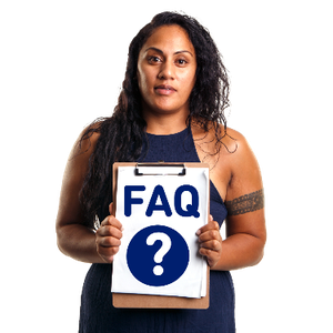 A woman holding a sign that has the word FAQ written and a question mark