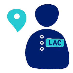 A person wearing a badge with LAC written and a location pin next to them