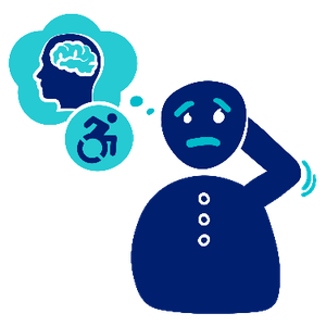 Logo of a person looking worried. Next to them are two speech bubbles including a person looking to the side and showing their brain, and a person pushing in a wheelchair.