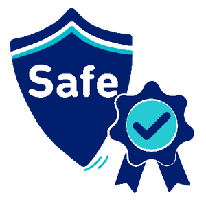 Two symbols including a badge with the word safe, and a ribbon with a tick symbol