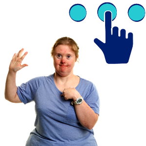 A woman pointing at herself with her other hand raised. Above her are 3 circles and a hand pushing the middle one.