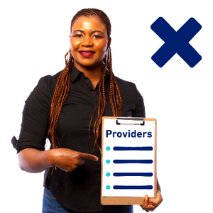 A woman holding a providers form. Above her is a cross symbol.